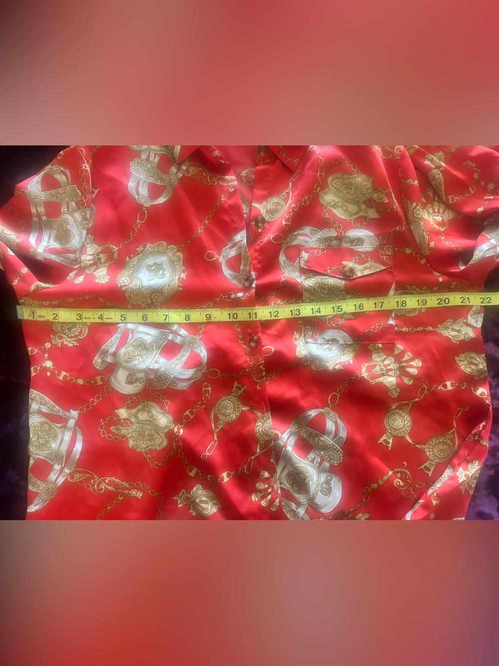 Michele Red Button-Up Blouse with Gold and White Chain Motif - Picture 7 of 7